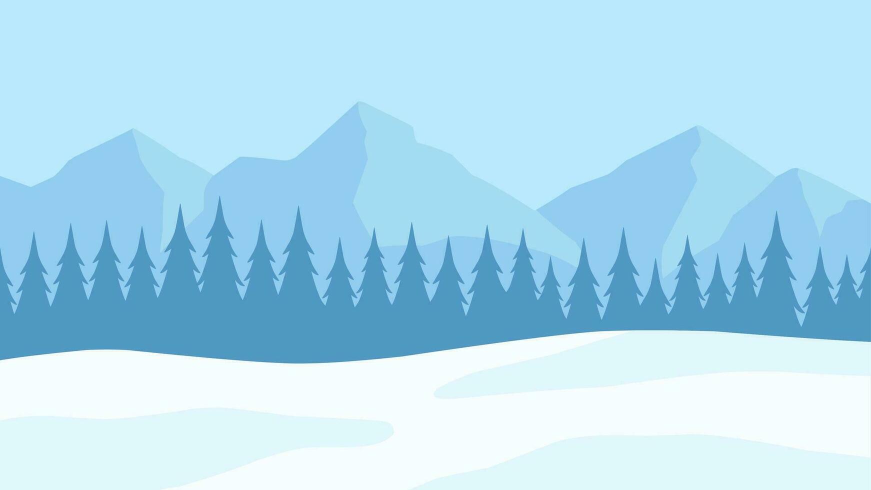 Winter pine forest landscape vector illustration. Silhouette of snow covered coniferous in cold season. Snowy pine forest landscape for background, wallpaper or christmas