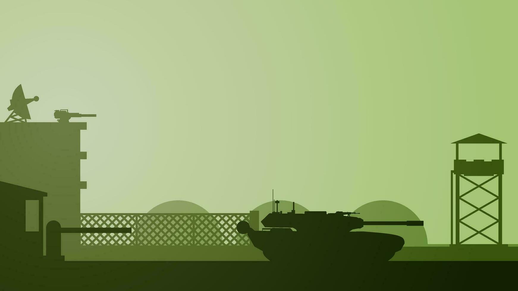 Military base landscape vector illustration. Silhouette of military base gate with tank and watchtower. Military landscape for background, wallpaper or illustration. Army training field illustration