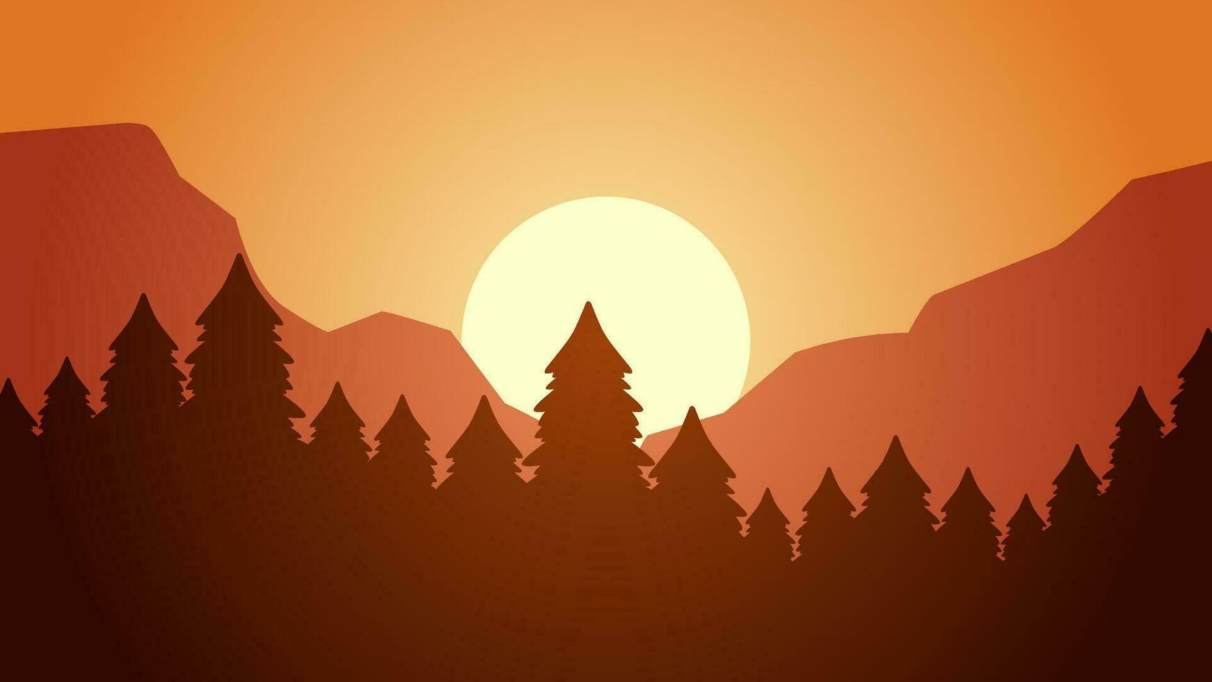 Pine forest landscape vector illustration. Silhouette of coniferous forest with sunset sky. Pine forest landscape for background, wallpaper or illustration