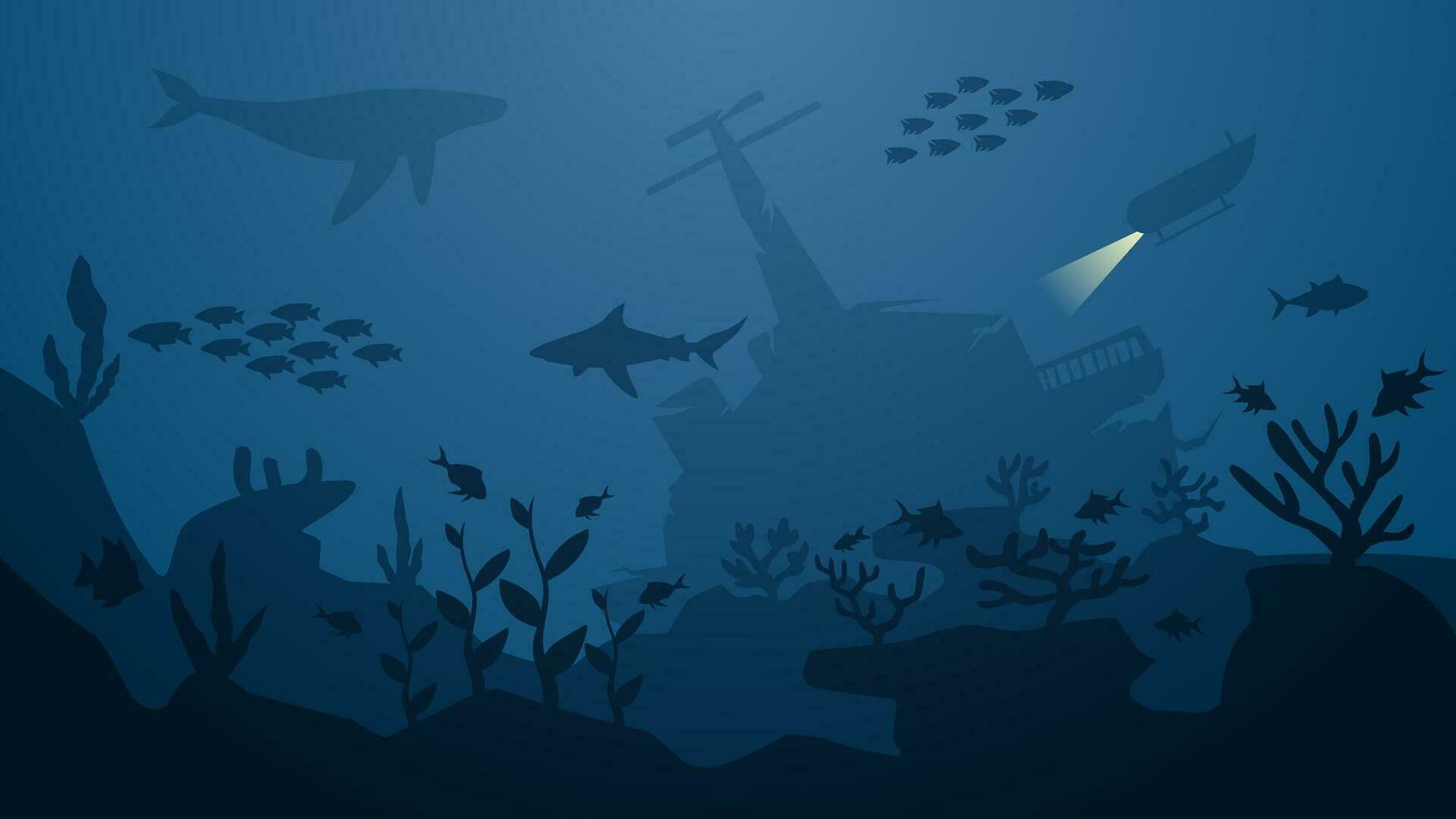 submarino marina vector ilustración. profundo marina con naufragio, submarino, pescado y coral arrecife. submarino paisaje para ilustración, antecedentes o fondo de pantalla