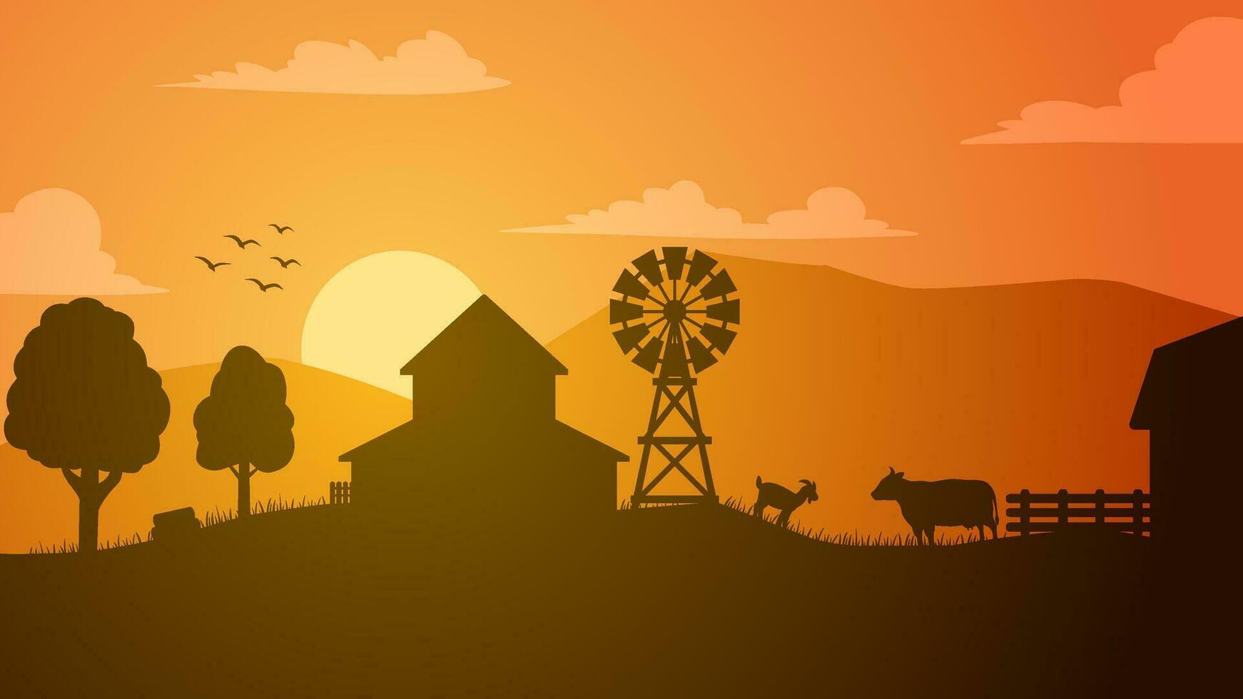 Farmland landscape vector illustration. Countryside silhouette with livestock cow and goat. Rural agriculture landscape for illustration, background or wallpaper
