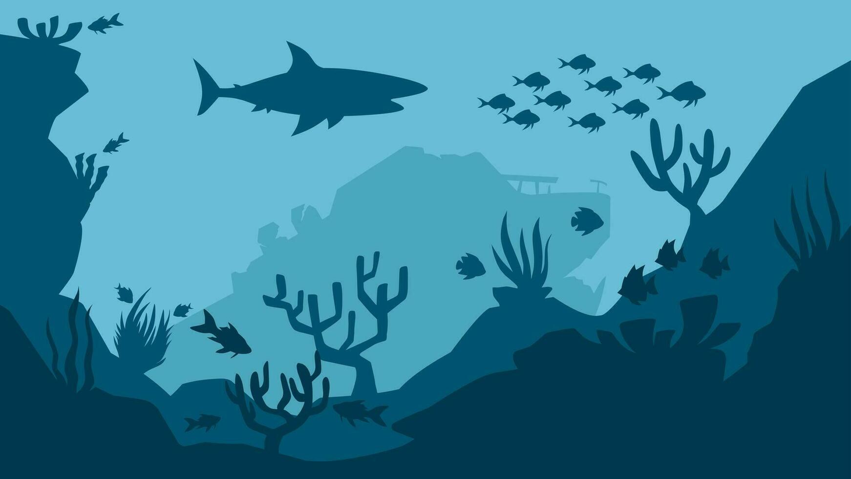 Underwater seascape vector illustration. Deep sea landscape with shipwreck, fish and coral reef. Undersea landscape for illustration, background or wallpaper