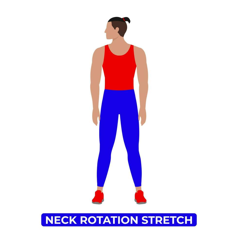 Vector Man Doing Neck Rotation Stretch. An Educational Illustration On A White Background.