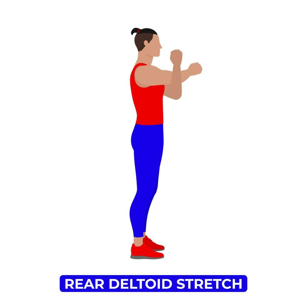 Vector Man Doing Rear Deltoid Shoulder Stretch. Cross Body Reach. An Educational Illustration On A White Background.