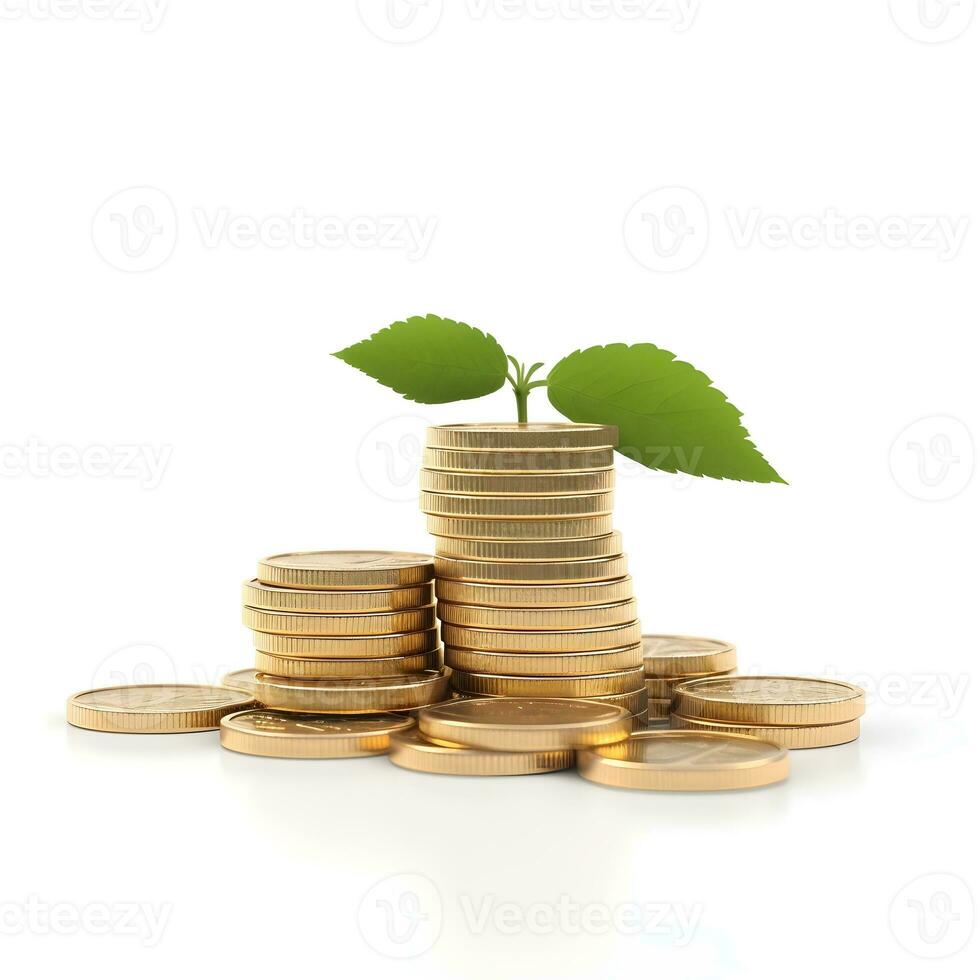 AI generated Growing gold money coins, financial services concept, web banner with copy space photo