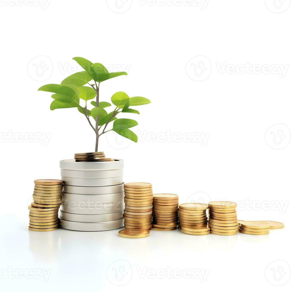 AI generated Growing gold money coins, financial services concept, web banner with copy space photo