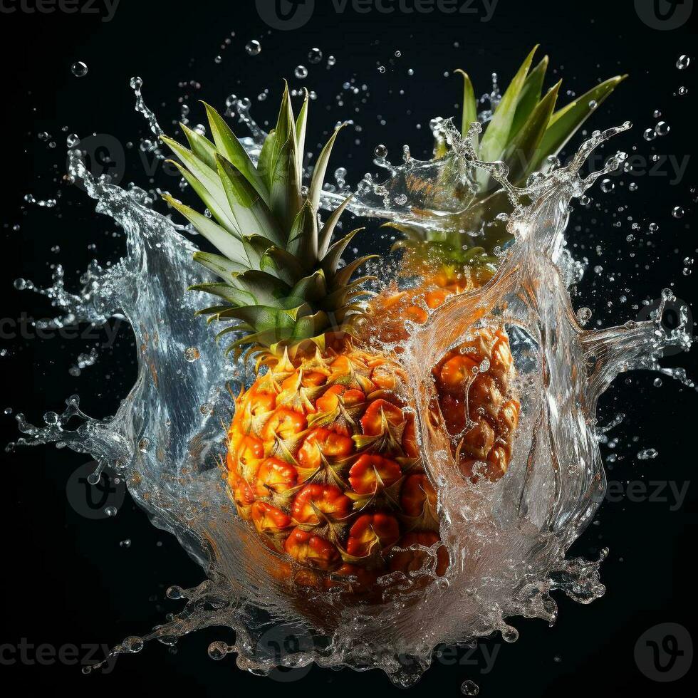 AI generated pineapple fell into the water with splashes black background photo