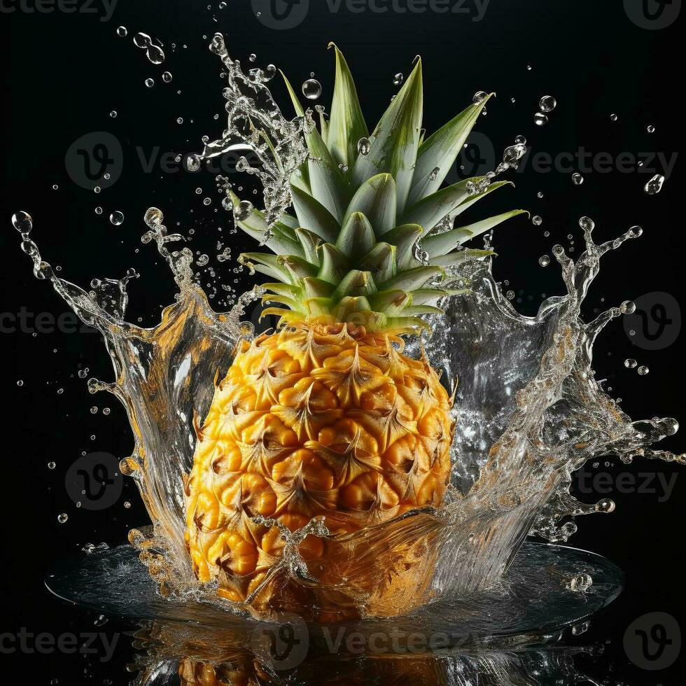 AI generated pineapple fell into the water with splashes black background photo