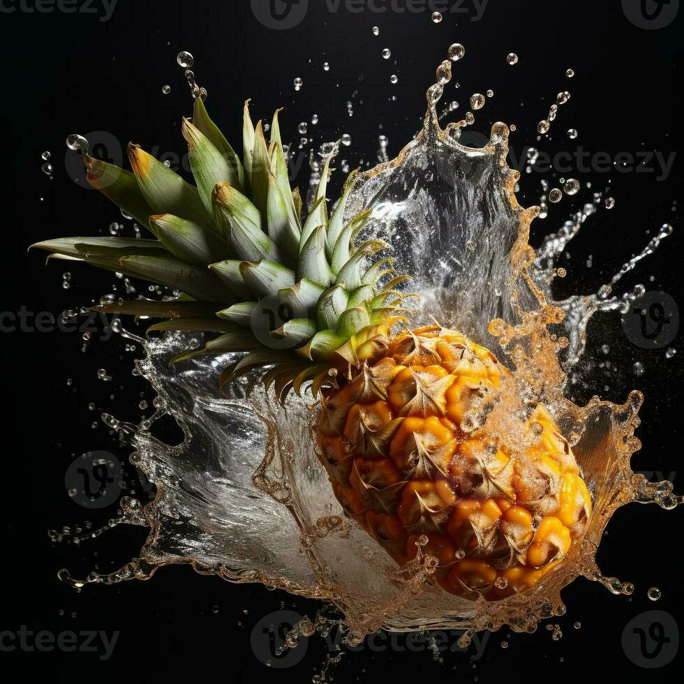 AI generated pineapple fell into the water with splashes black background photo