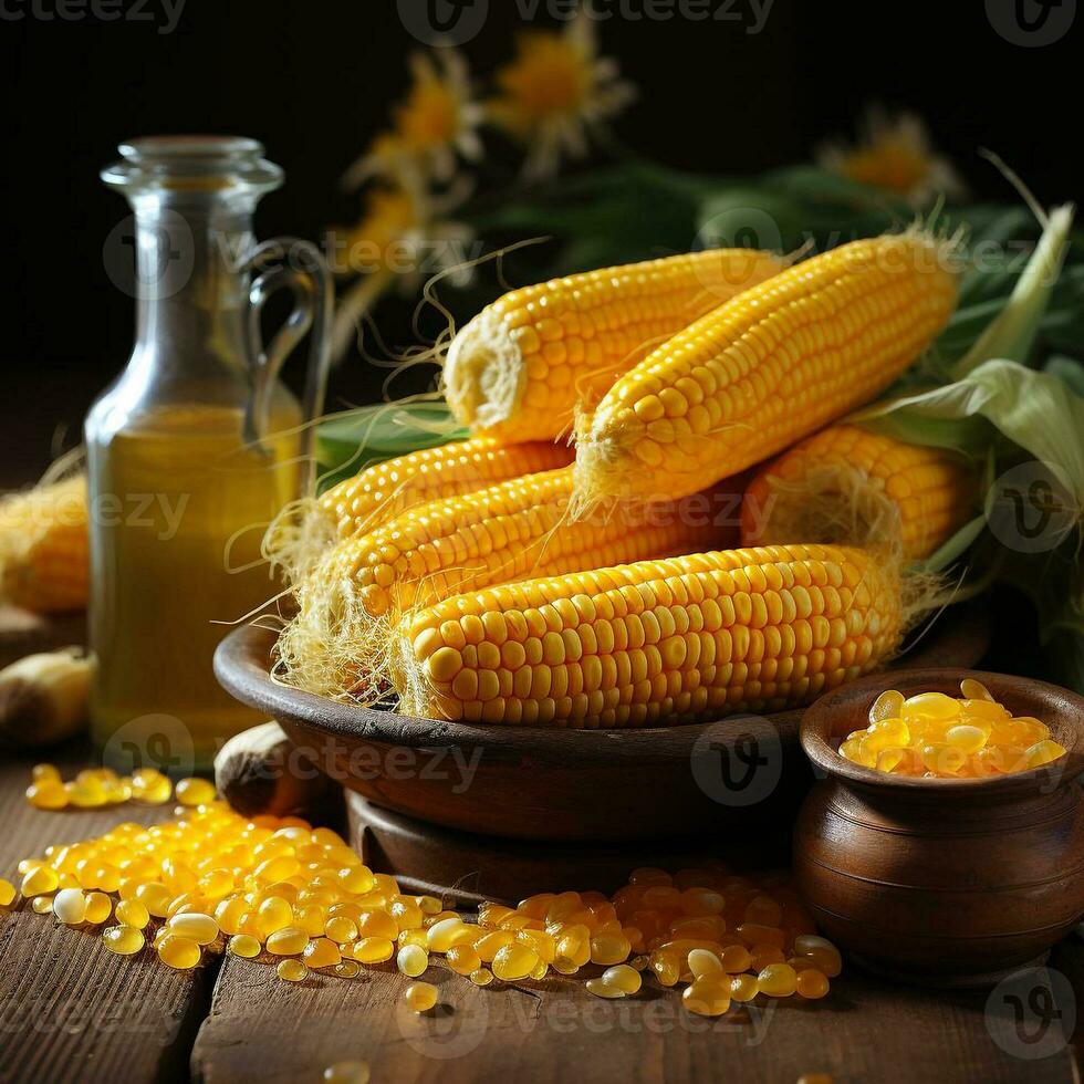 AI generated close up photo of corn on wooden table