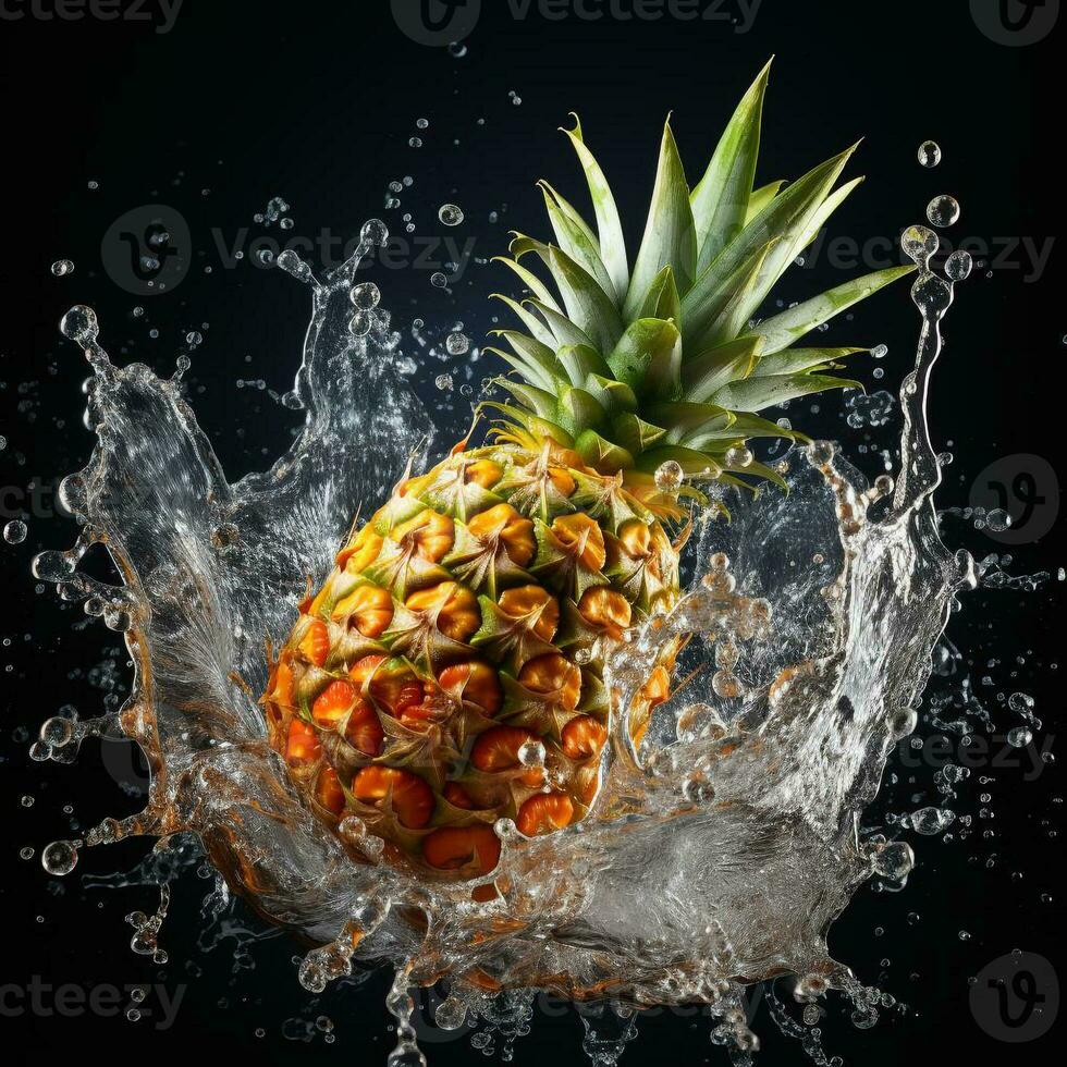 AI generated pineapple fell into the water with splashes black background photo