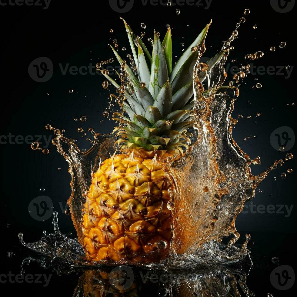 AI generated pineapple fell into the water with splashes black background photo