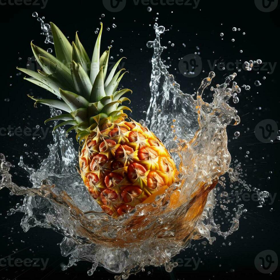 AI generated pineapple fell into the water with splashes black background photo