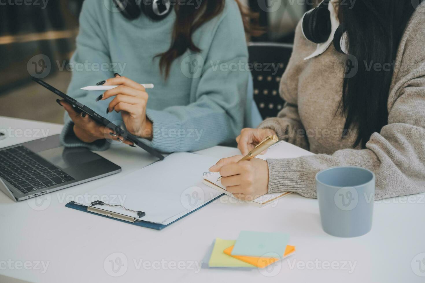 Co working conference, Business team meeting present, investor colleagues discussing new plan financial graph data on office table with laptop and digital tablet, Finance, accounting, investment. photo