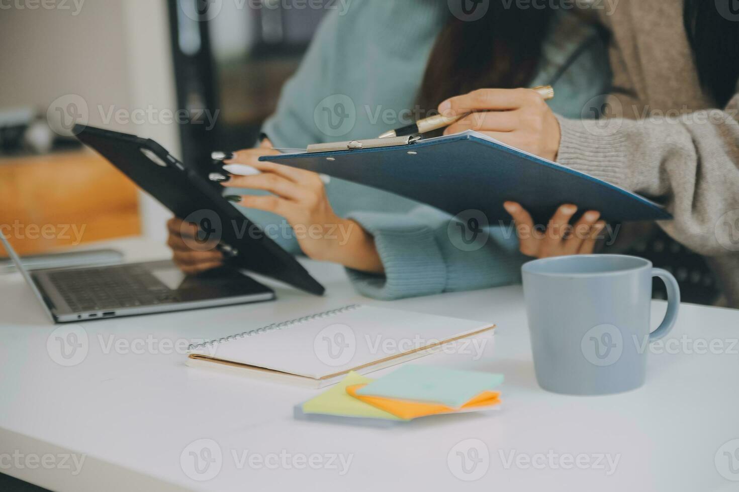 Co working conference, Business team meeting present, investor colleagues discussing new plan financial graph data on office table with laptop and digital tablet, Finance, accounting, investment. photo