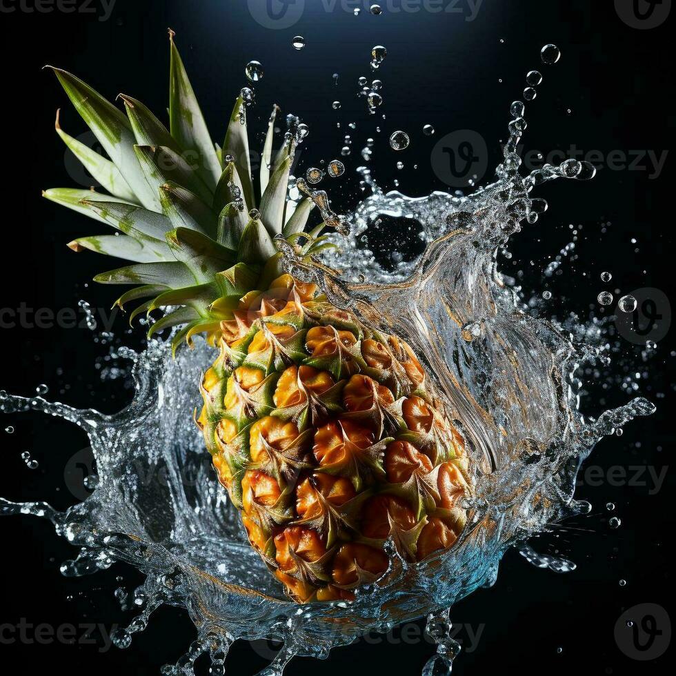 AI generated pineapple fell into the water with splashes black background photo