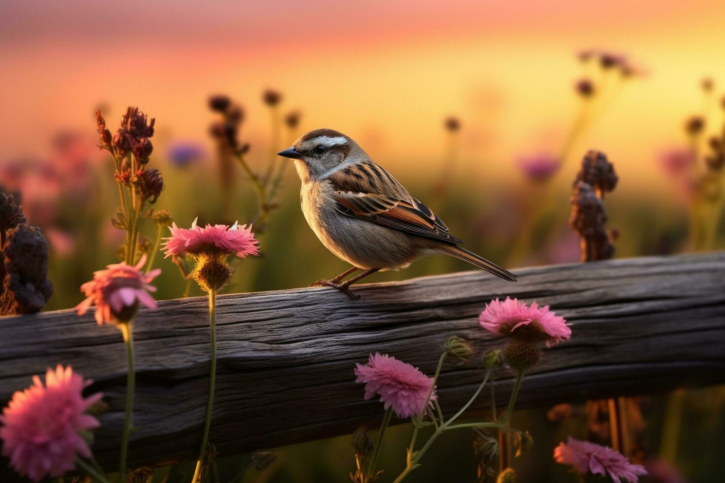 AI generated A small sparrow sitting on a wooden photo