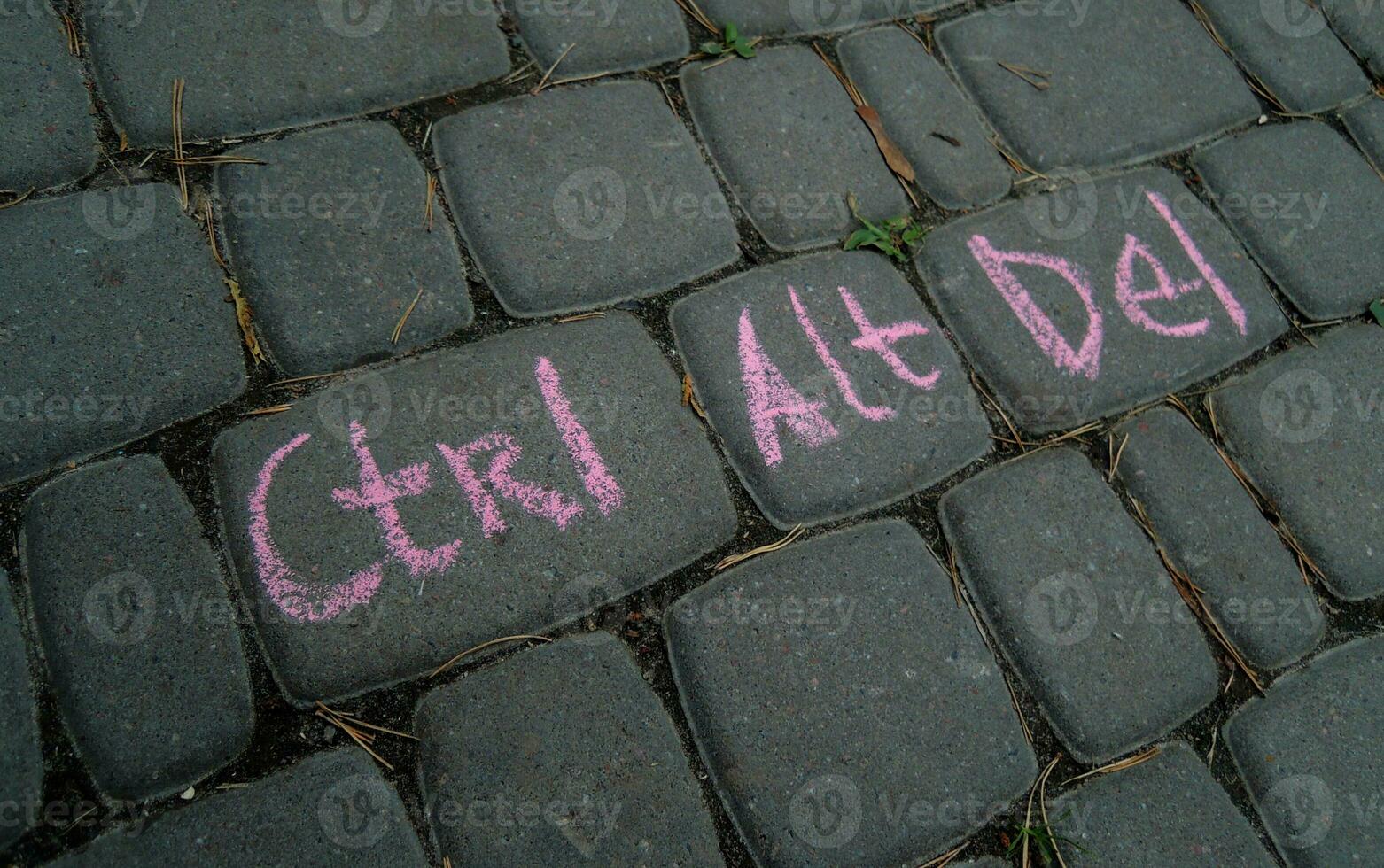 Contral, Alt, Delete Words Combination Written By Red Chalk On A Gray Paving Like On A Computer Keyboard photo