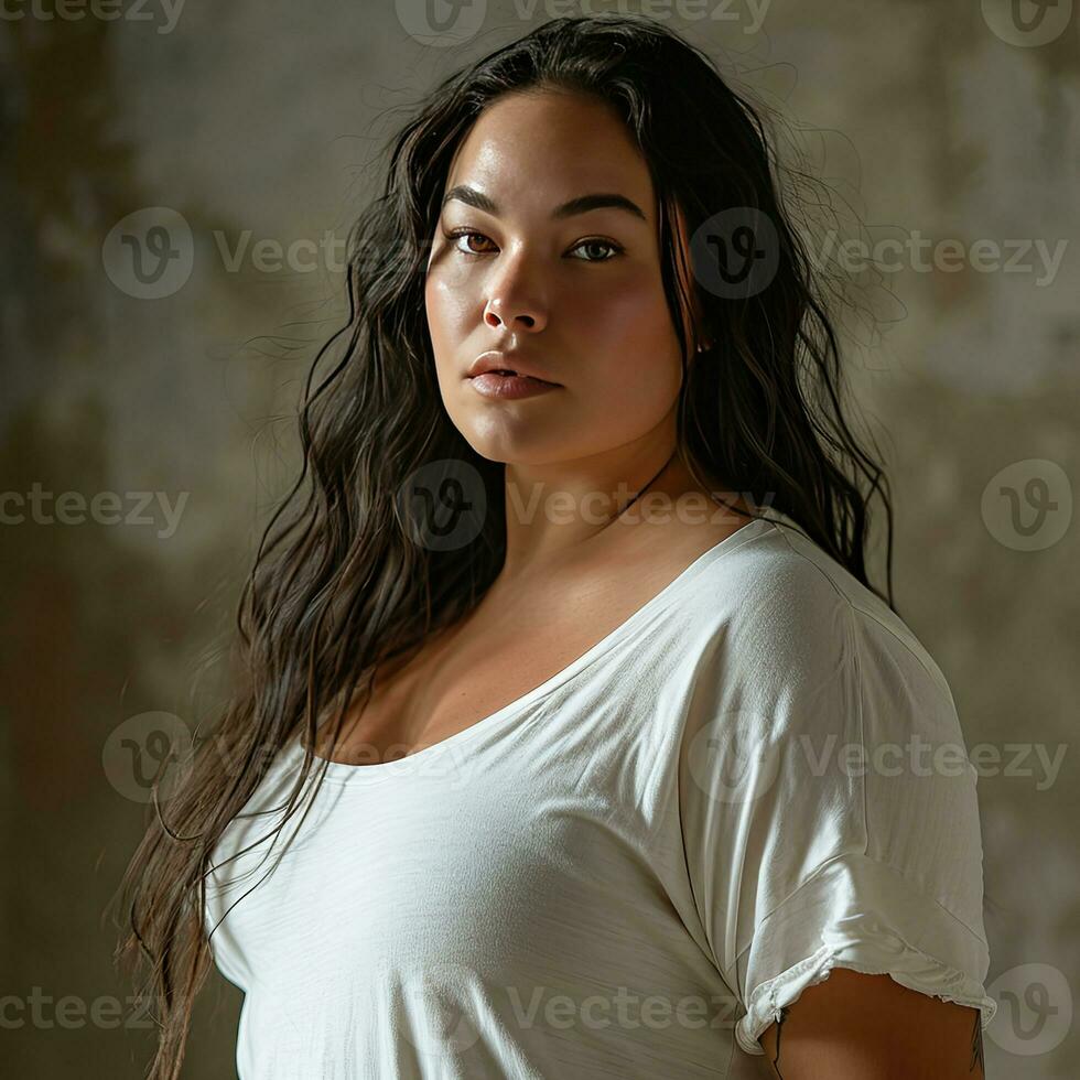 AI generated Portrait of a beautiful plus size young woman wearing a white t-shirt photo