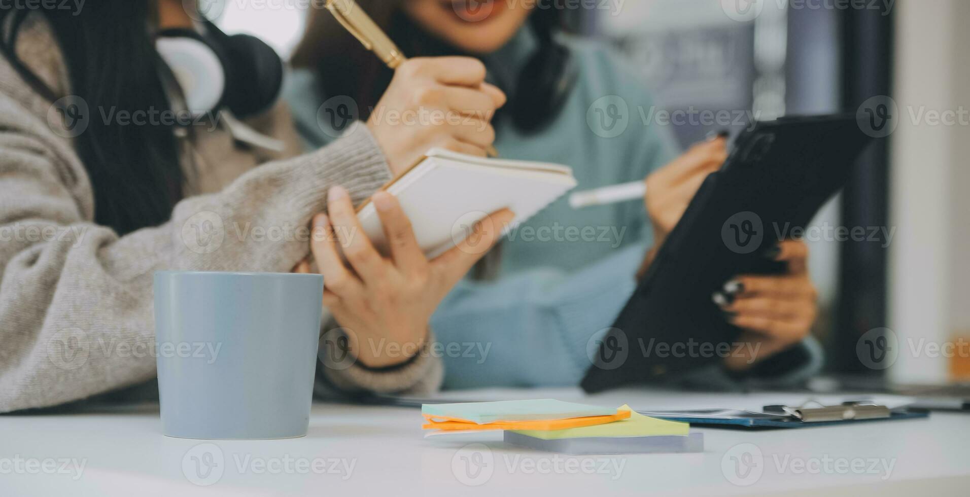 Co working conference, Business team meeting present, investor colleagues discussing new plan financial graph data on office table with laptop and digital tablet, Finance, accounting, investment. photo
