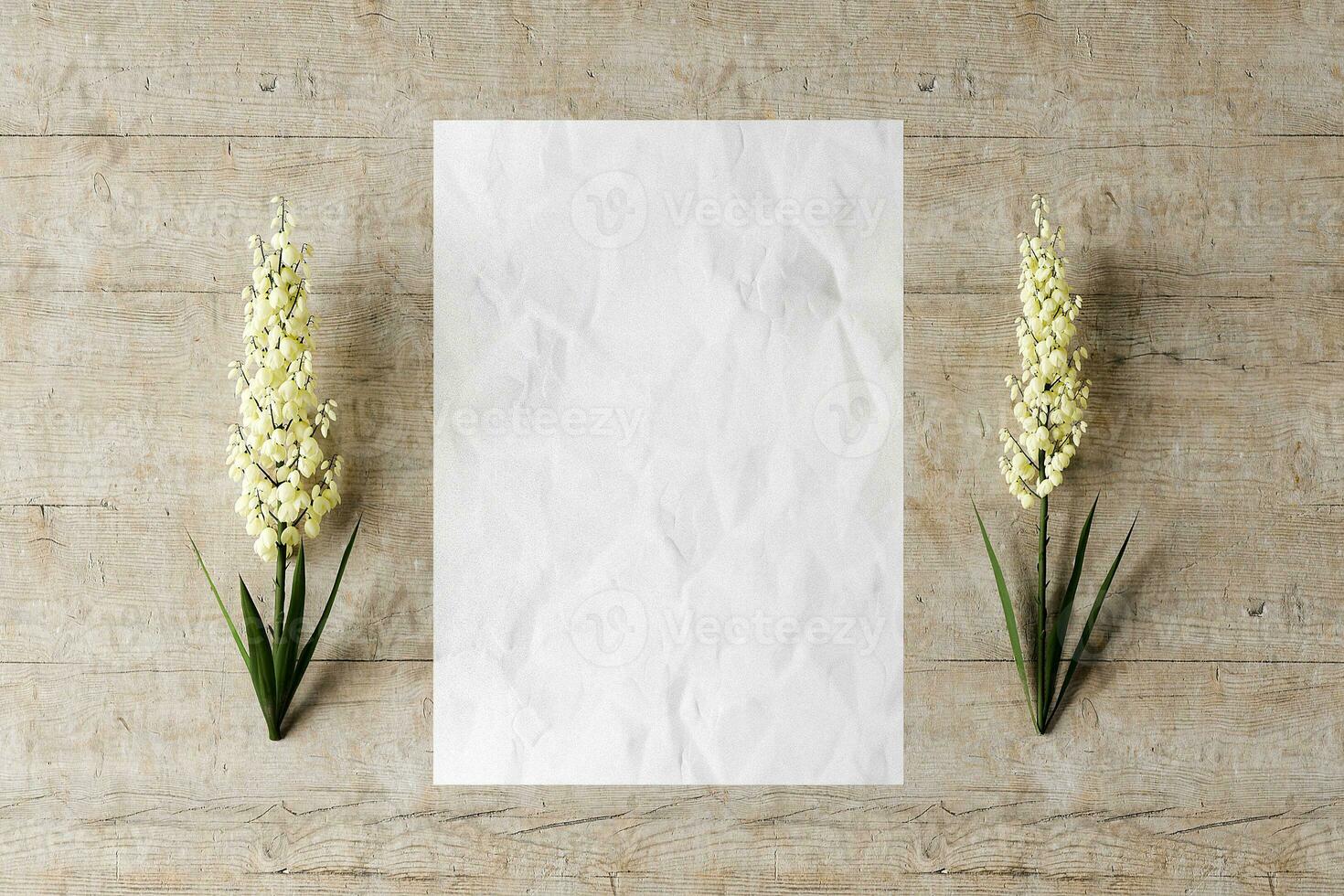 Poster mockup scene with rustic natural materials and agave flowers photo