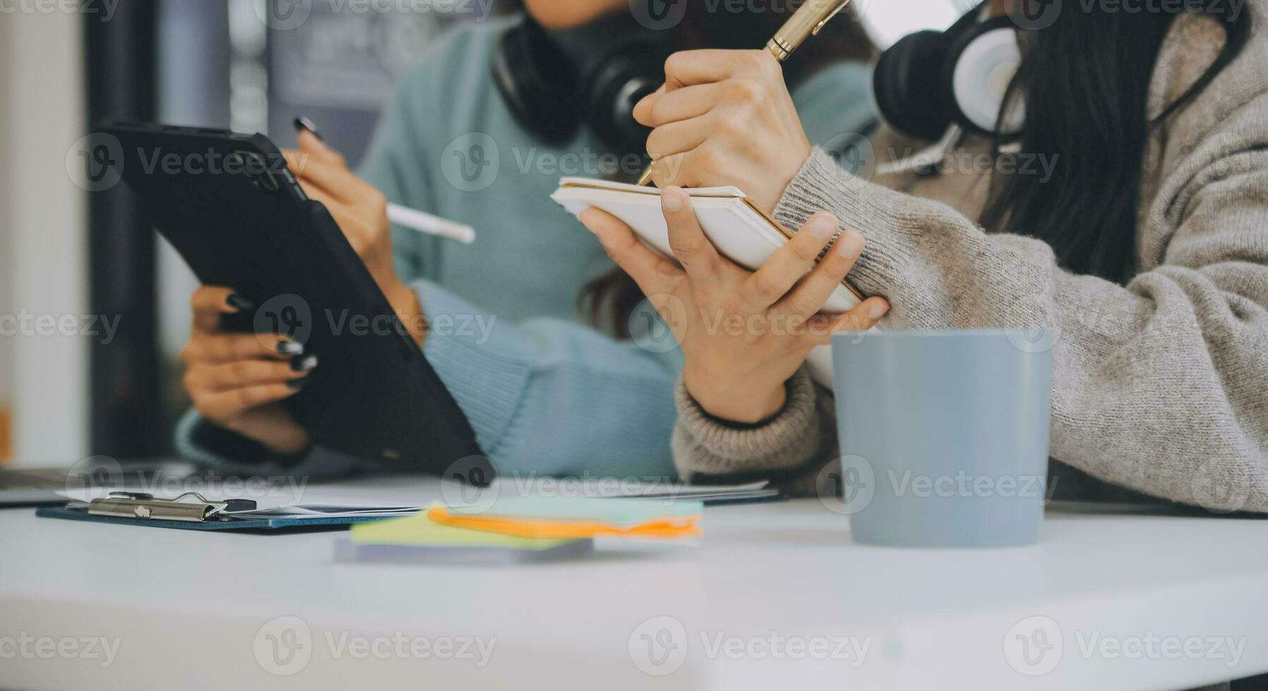 Co working conference, Business team meeting present, investor colleagues discussing new plan financial graph data on office table with laptop and digital tablet, Finance, accounting, investment. photo