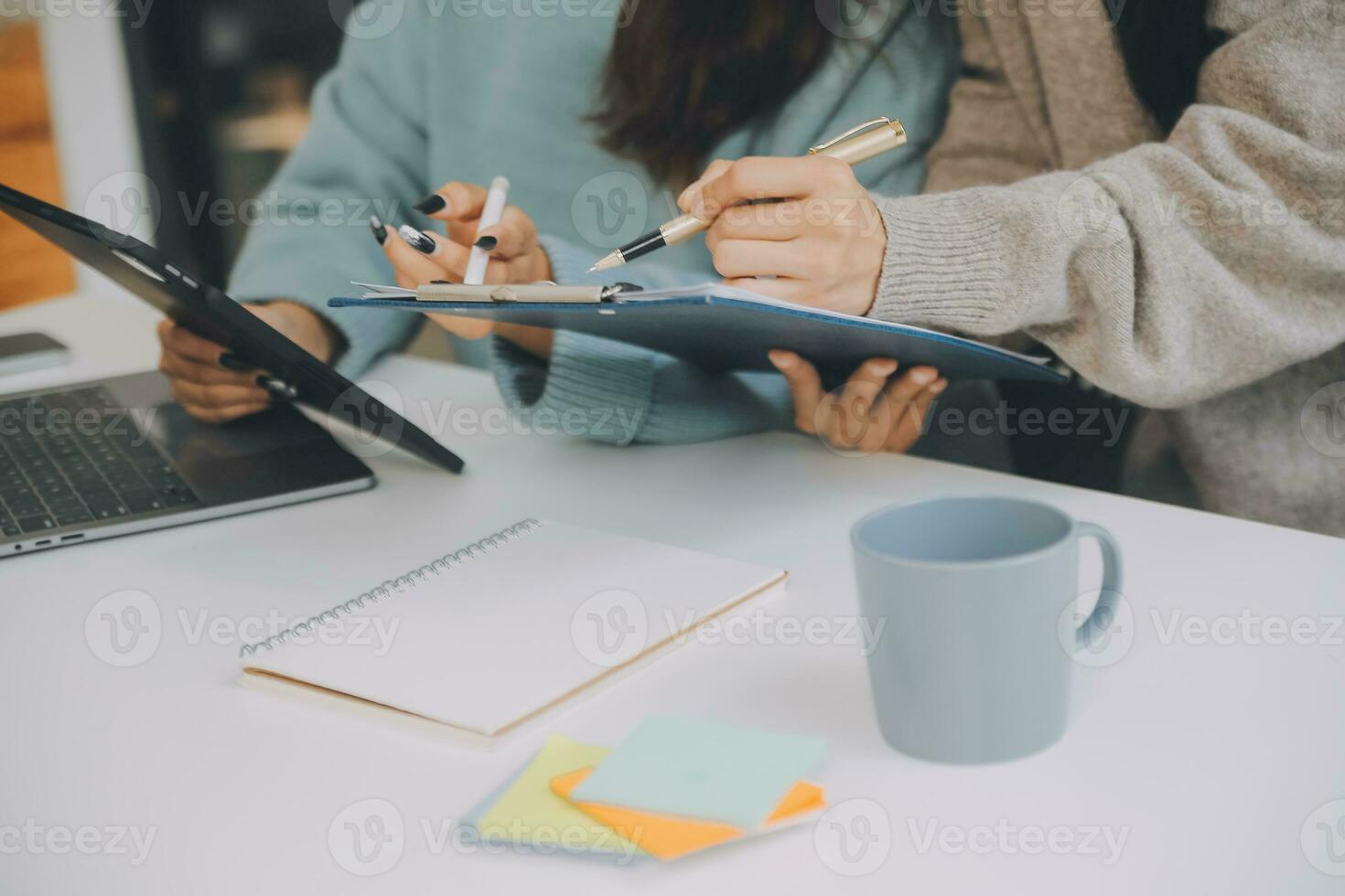 Co working conference, Business team meeting present, investor colleagues discussing new plan financial graph data on office table with laptop and digital tablet, Finance, accounting, investment. photo