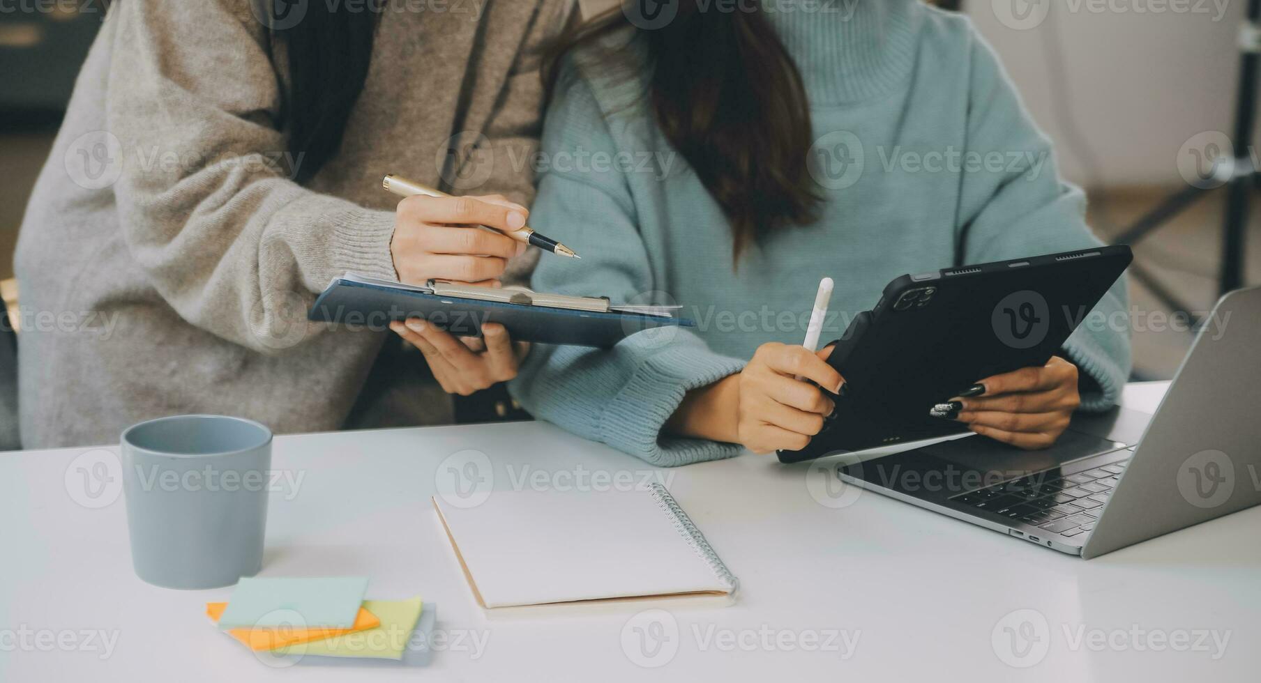 Co working conference, Business team meeting present, investor colleagues discussing new plan financial graph data on office table with laptop and digital tablet, Finance, accounting, investment. photo