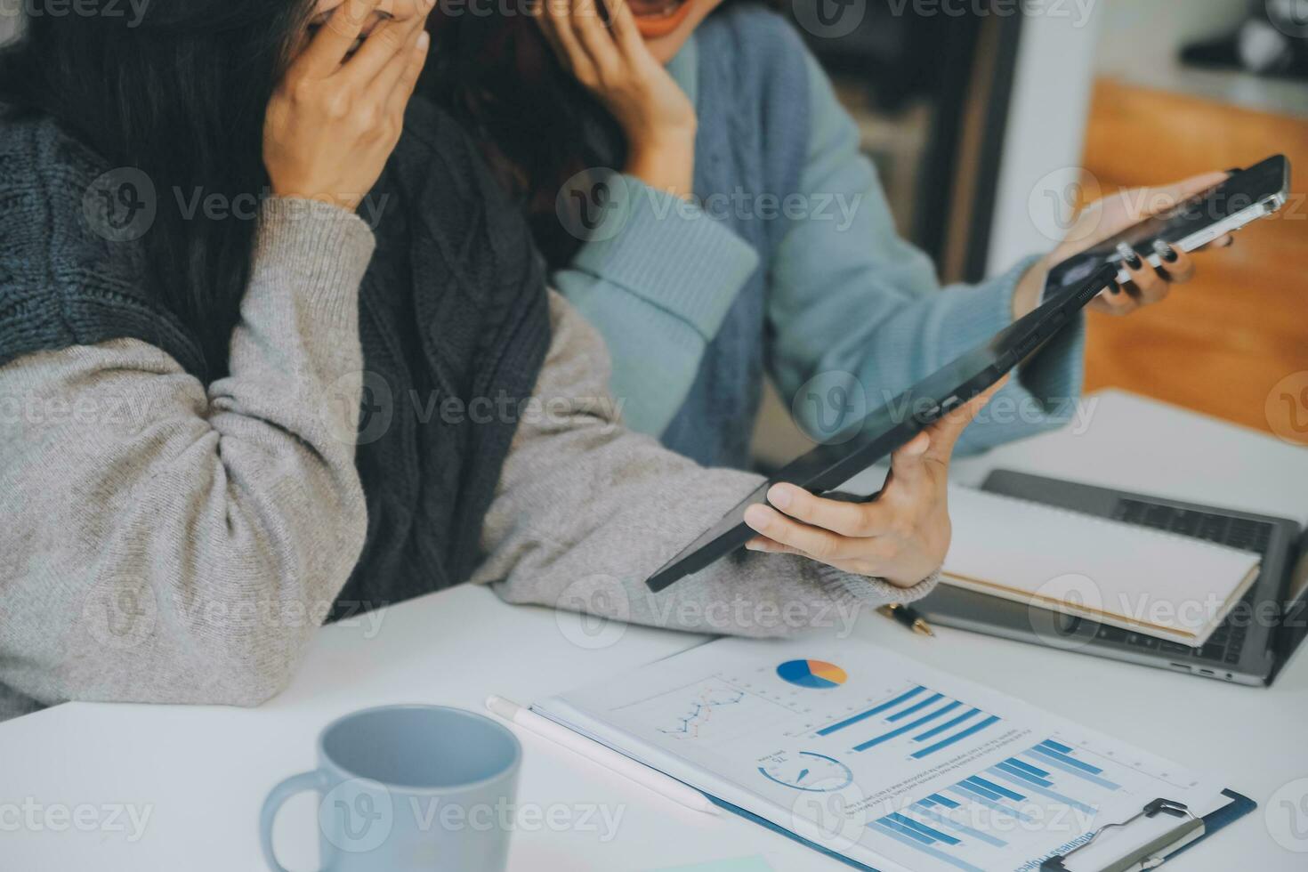 Co working conference, Business team meeting present, investor colleagues discussing new plan financial graph data on office table with laptop and digital tablet, Finance, accounting, investment. photo