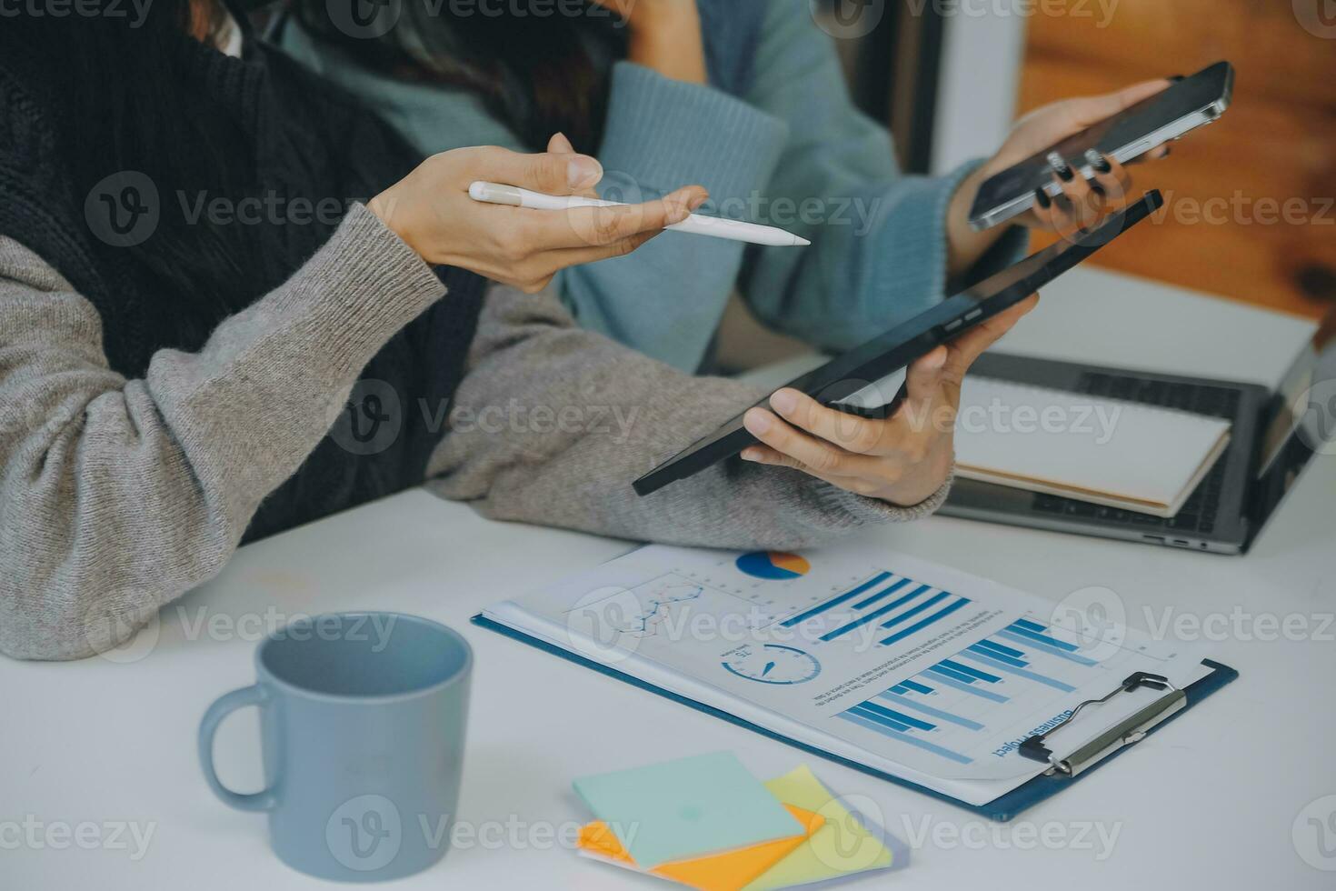 Co working conference, Business team meeting present, investor colleagues discussing new plan financial graph data on office table with laptop and digital tablet, Finance, accounting, investment. photo