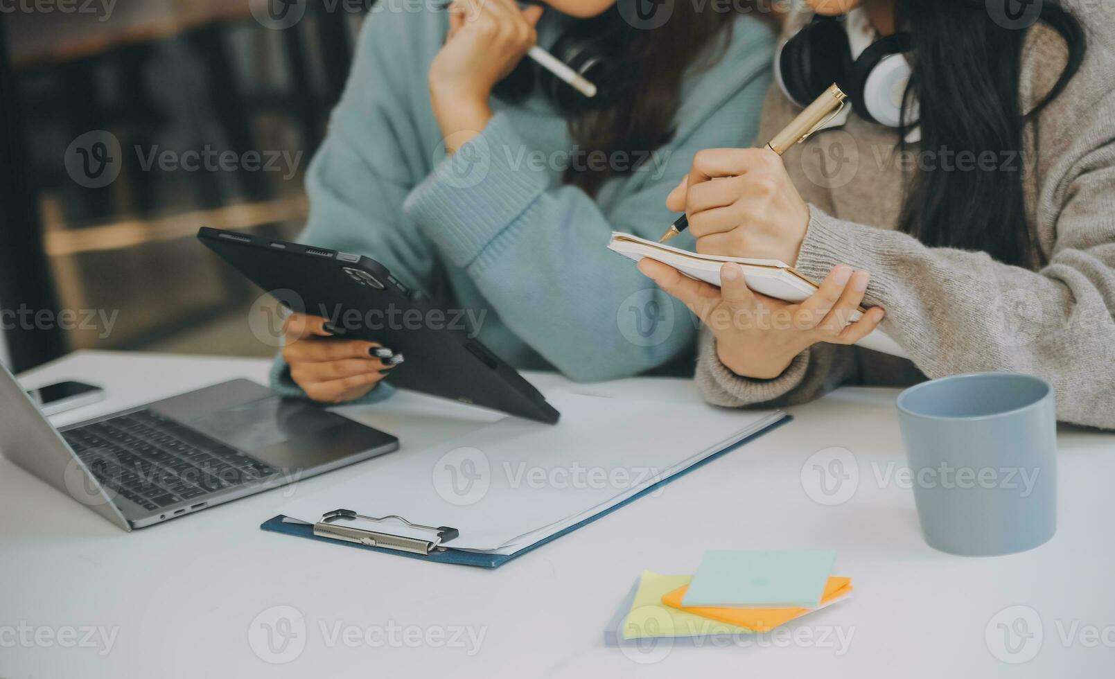 Co working conference, Business team meeting present, investor colleagues discussing new plan financial graph data on office table with laptop and digital tablet, Finance, accounting, investment. photo