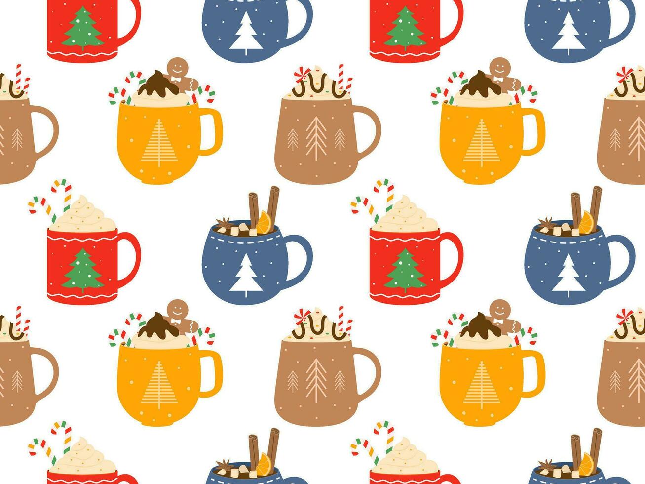 Hot drinks pattern. Seamless Cups with warm drink variants. Vector flat repeated background for wallpaper, wrapping, packing, textile