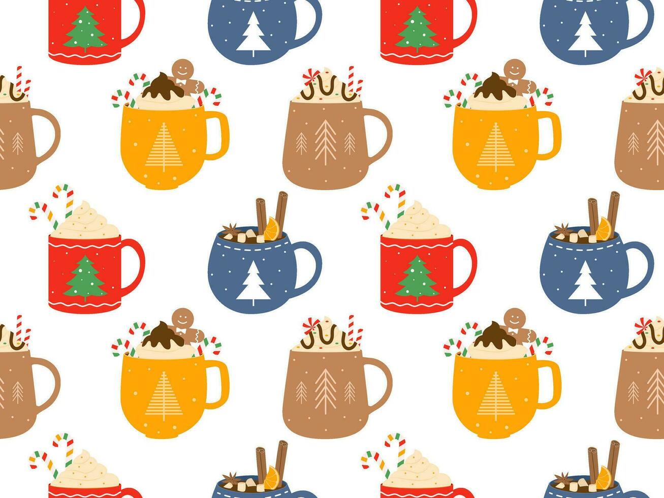 Hot drinks pattern. Seamless Cups with warm drink variants. Vector flat repeated background for wallpaper, wrapping, packing, textile