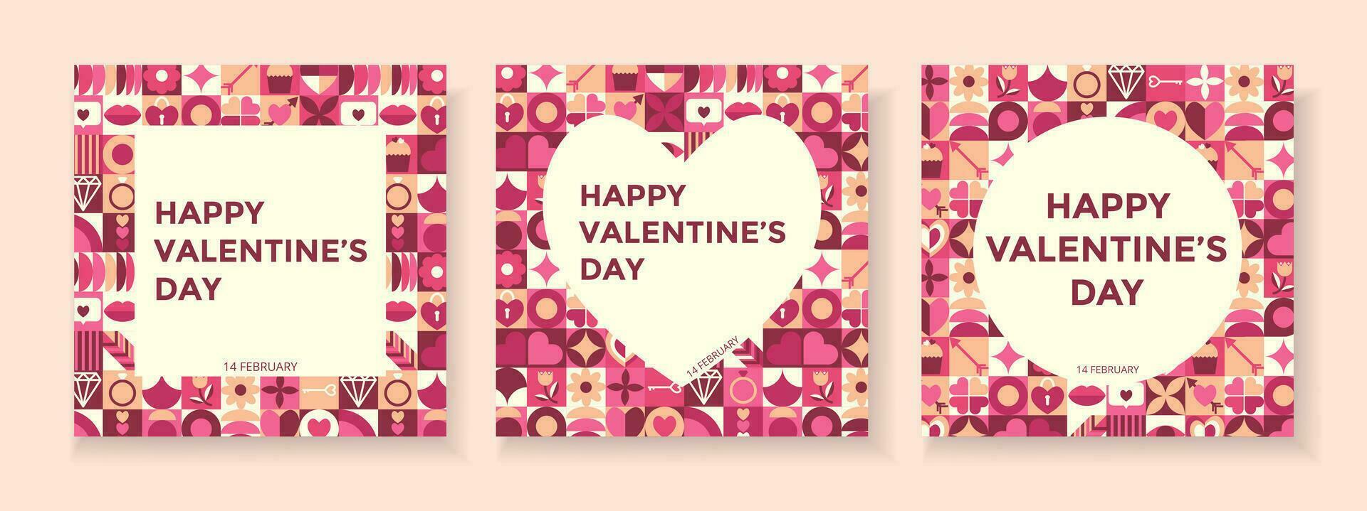 Set festive cards abstract geometric shapes. Creative concept of Happy Valentines Day. Background of icons with symbol of love. Trendy design in bauhaus style vector