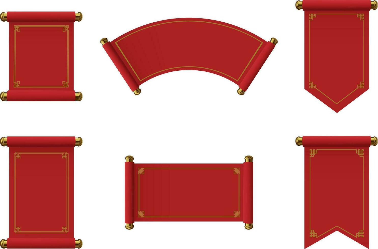 red and gold chinese scrolls. set of isolated red parchments with gold decorations vector