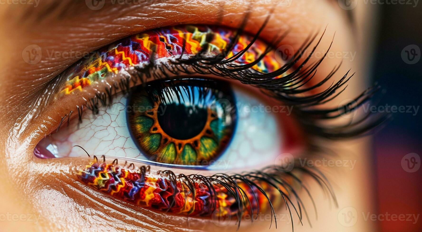 AI generated close up of eye, close up of a female eye, colored eye background, female eye background photo