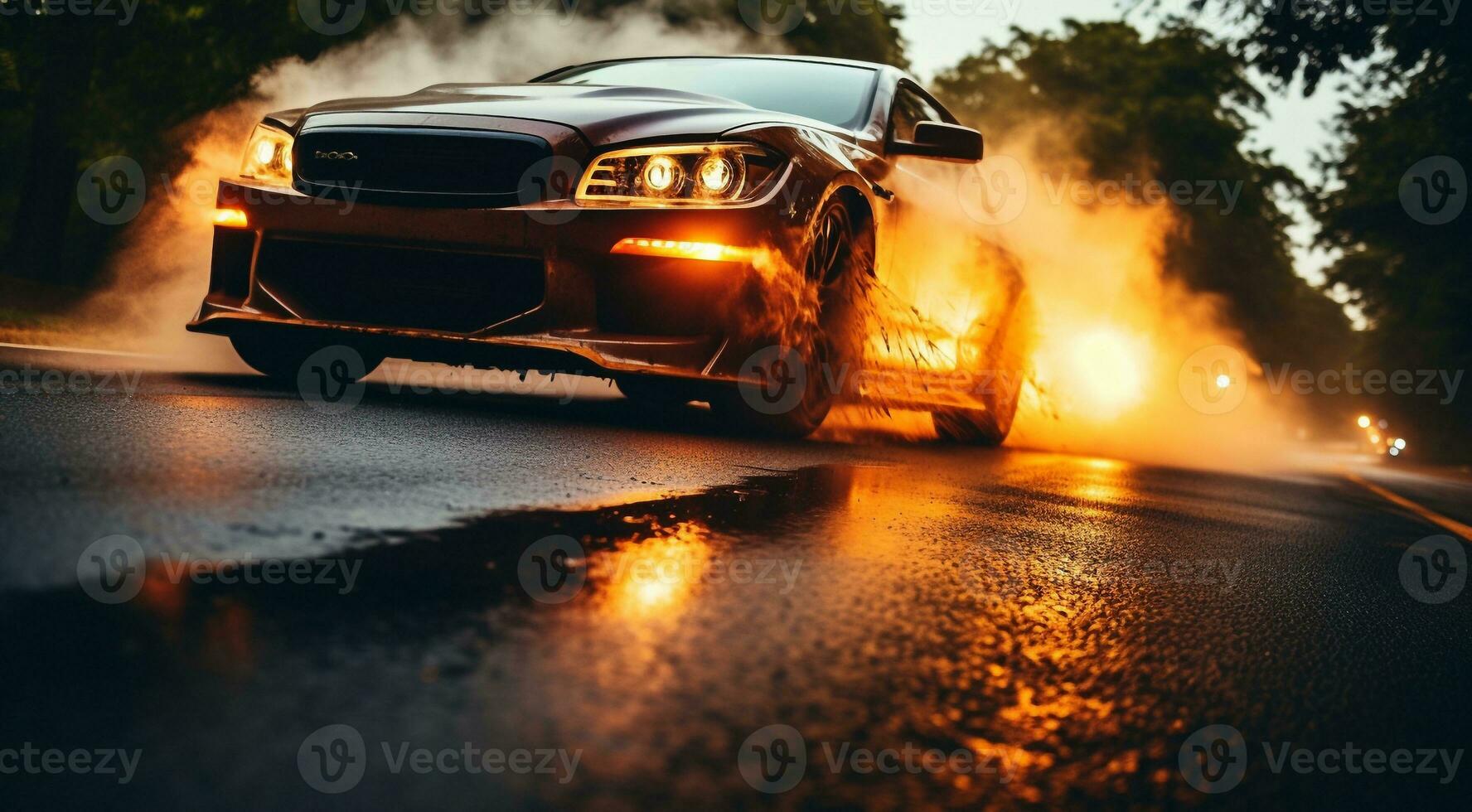 AI generated car driving on the road, close-up of a sports car doing burnout on the street, car doing burnout, close-up of car photo