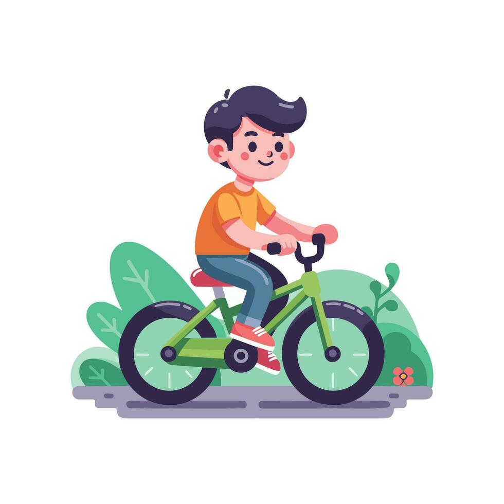 un niño montando un bicicleta, plano vector ilustración