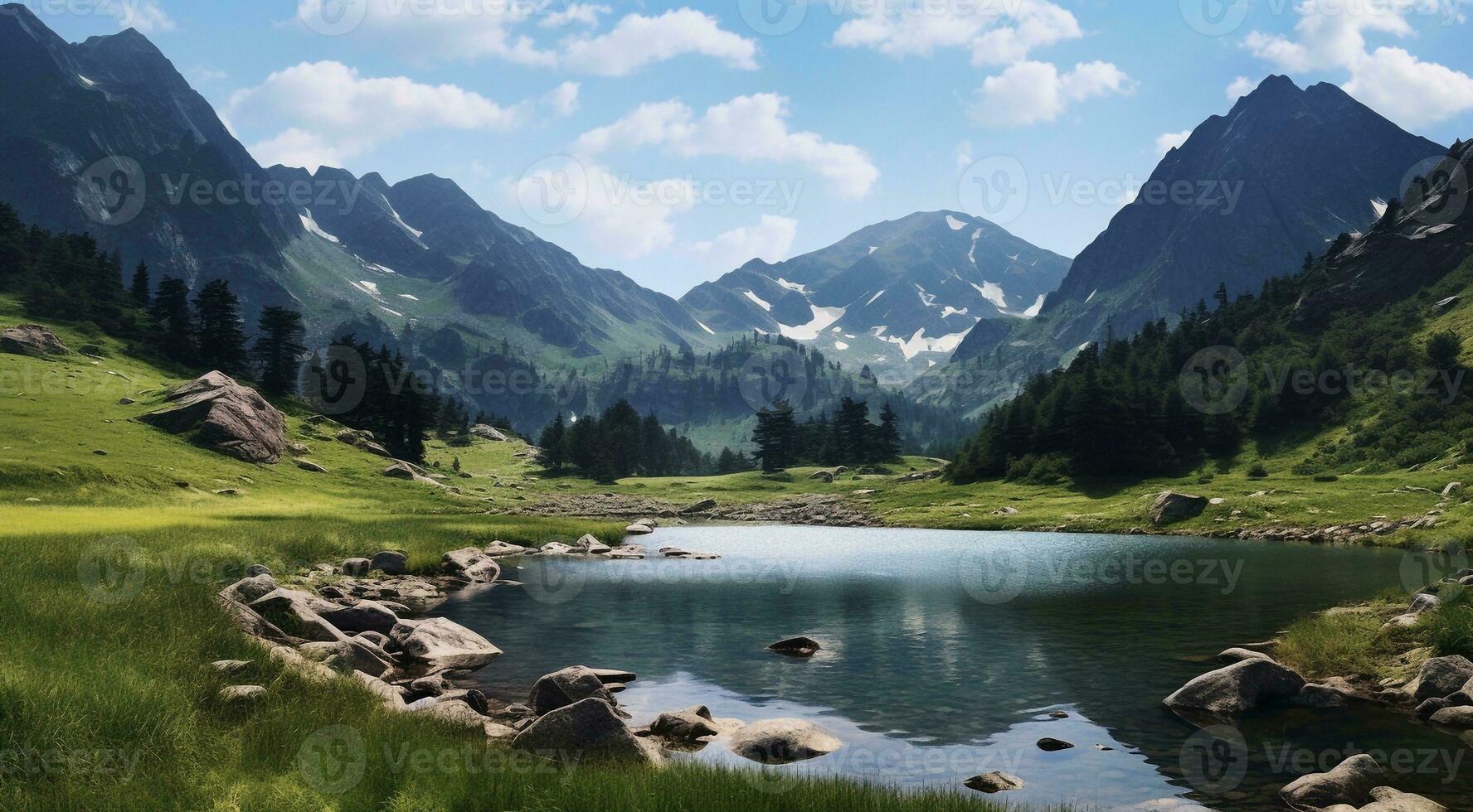 AI generated lake in the mountains, lake with forest, scenic view of the lake photo
