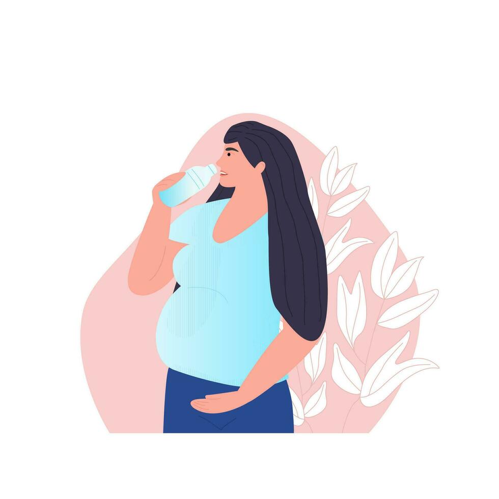 un joven embarazada mujer bebidas agua desde un botella. sano estilo de vida concepto. vector ilustración