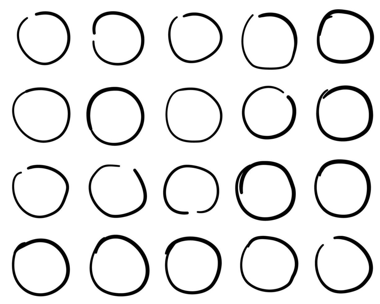 Hand drawn black highlight circles set. Doodle highlighter marks, strokes, round icons. Vector design elements isolated on white background.