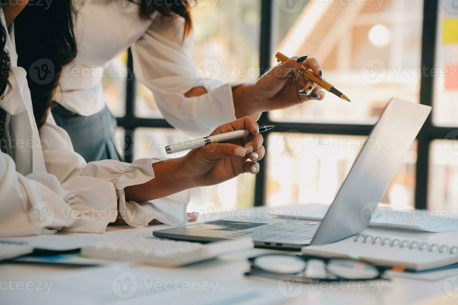 Business team collaboration discussing working analyzing with financial data and marketing growth report graph in team, presentation and brainstorming to strategy planning making profit of company. photo