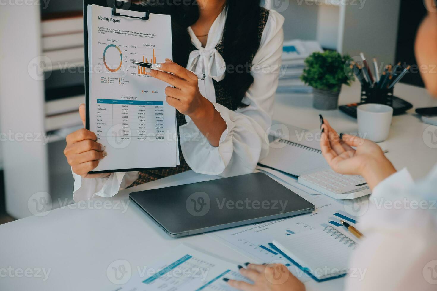 Business team collaboration discussing working analyzing with financial data and marketing growth report graph in team, presentation and brainstorming to strategy planning making profit of company. photo