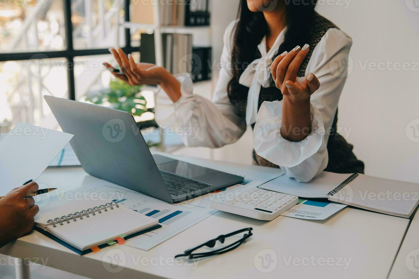 Business team collaboration discussing working analyzing with financial data and marketing growth report graph in team, presentation and brainstorming to strategy planning making profit of company. photo