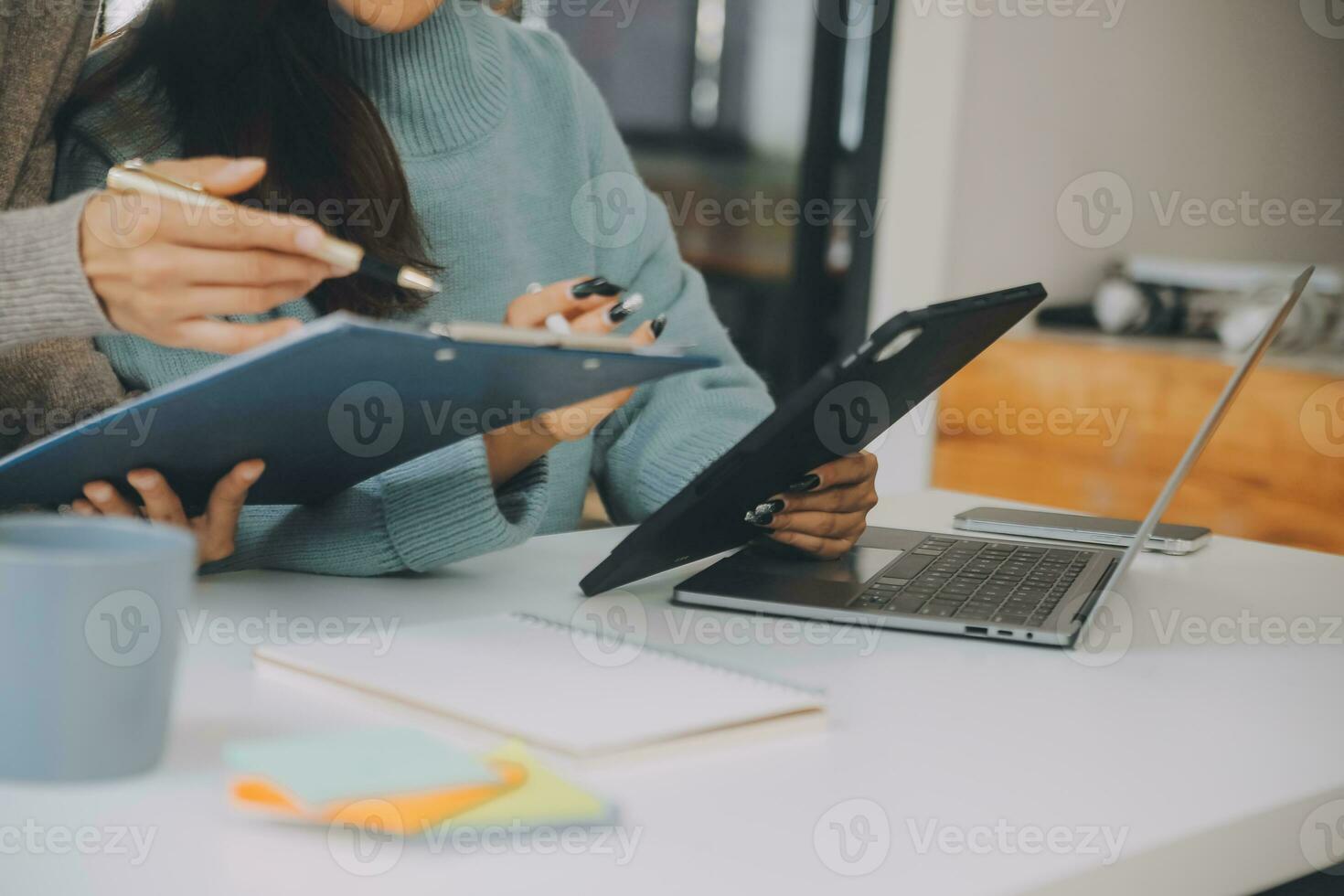 Co working conference, Business team meeting present, investor colleagues discussing new plan financial graph data on office table with laptop and digital tablet, Finance, accounting, investment. photo