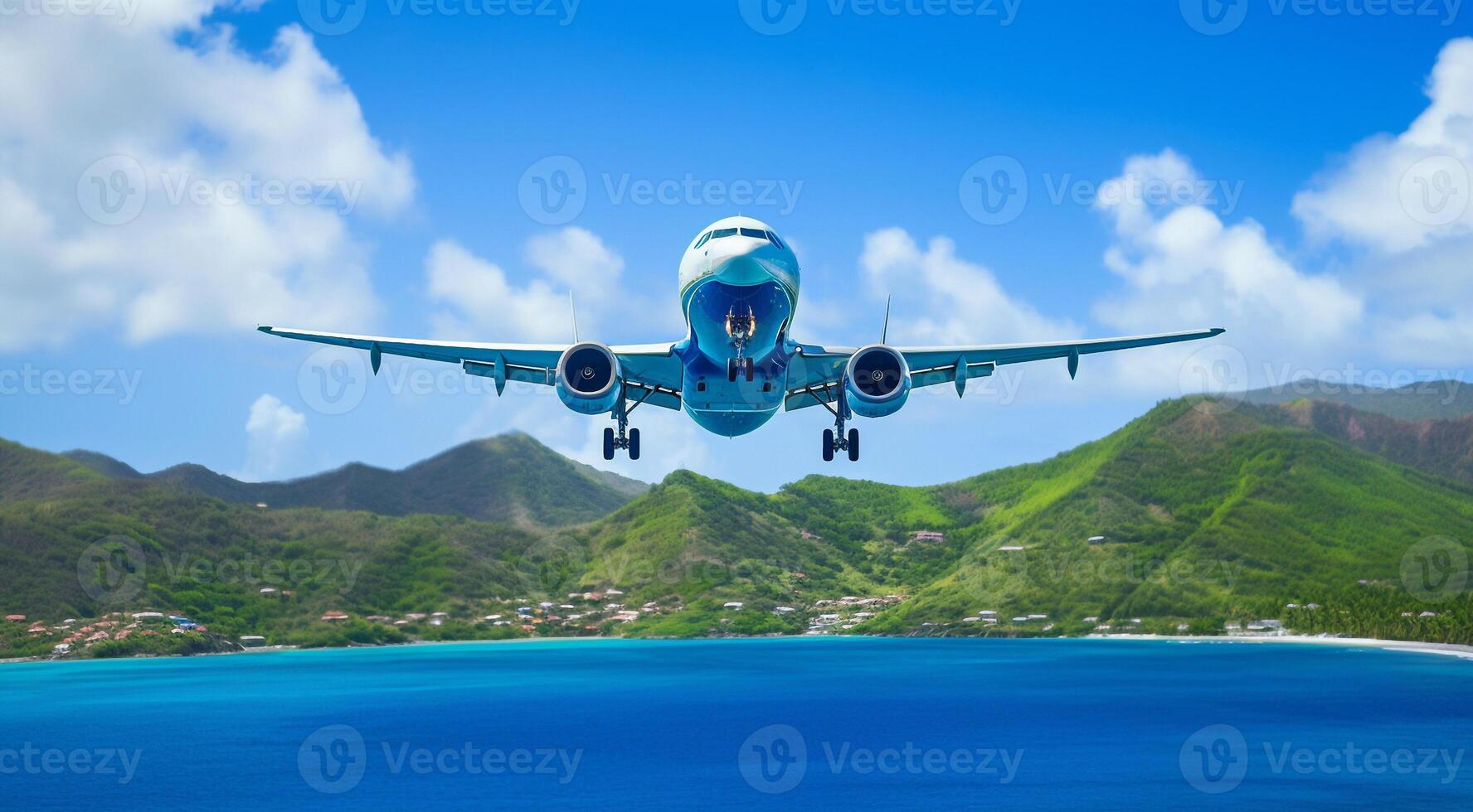 AI generated airplane in the blue sky, airplane in the sky, flying airplane in the air, close-up of a airplane photo