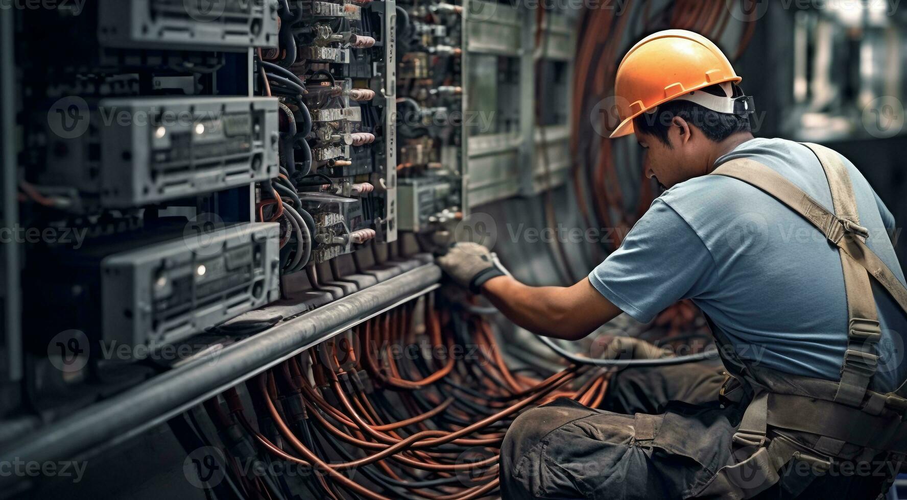 ai generado eléctrico trabajando en un fábrica, trabajador con casco, eléctrico trabajador en acción foto