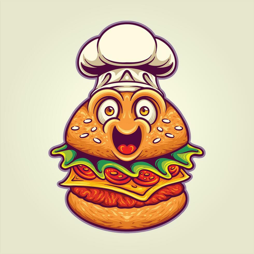 Funny food burger chef delicious vector illustrations for your work logo, merchandise t-shirt, stickers and label designs, poster, greeting cards advertising business company or brands.