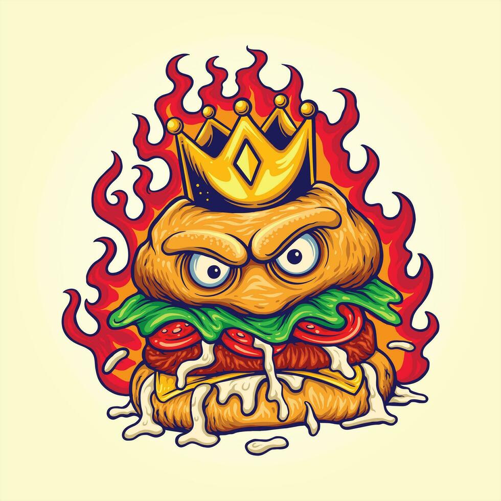 Funny angry crown spicy burger vector illustrations for your work logo, merchandise t-shirt, stickers and label designs, poster, greeting cards advertising business company or brands.