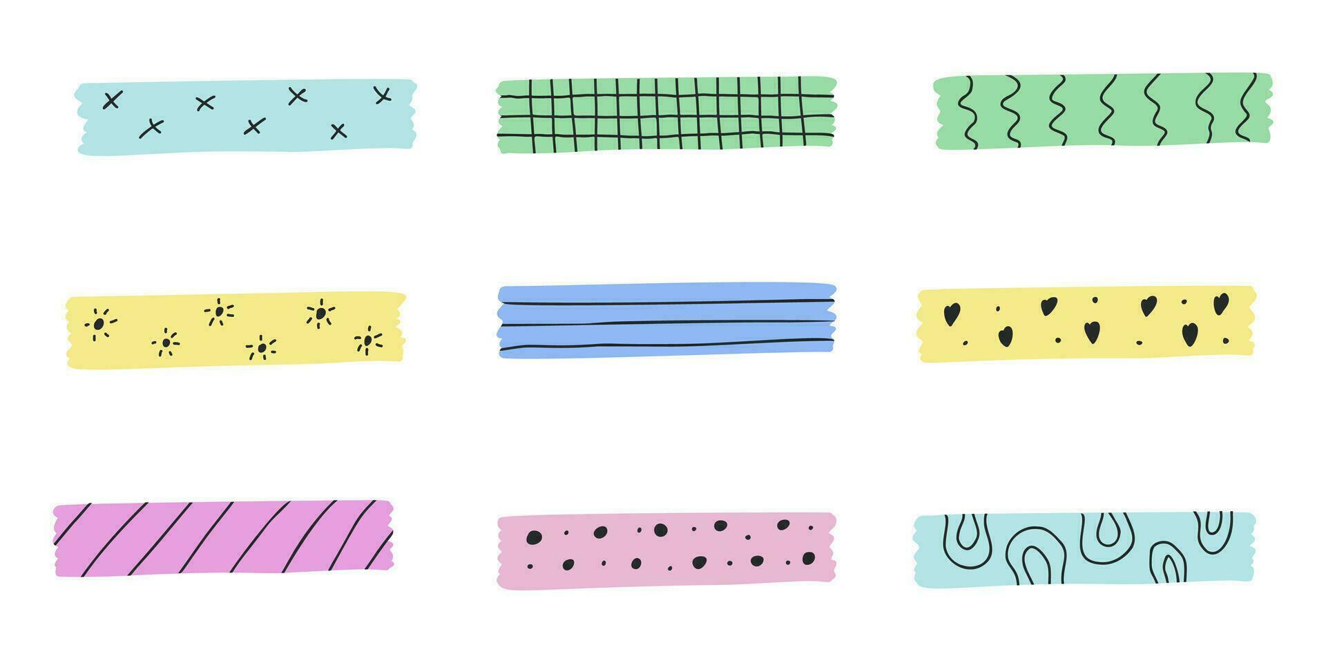Washi tapes vector illustration isolated on white background. Different colors and patterns. Hand drawn scotch stripes for scrapbooking and collage.